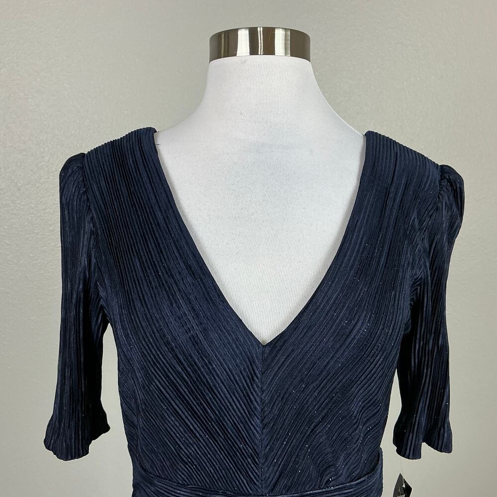 XSCAPE Pleated Sparkly Chiffon Midi Sheath Cocktail Dress Navy Blue Size 8 - Picture 8 of 13